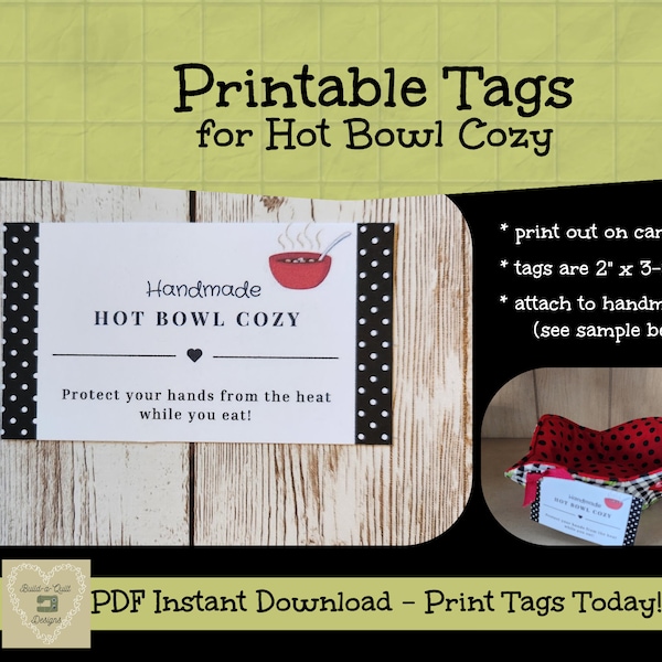 Printable Tag/Card for Hot Bowl Cozy | Instant Download | Print, Cut & Attach to Handmade Products