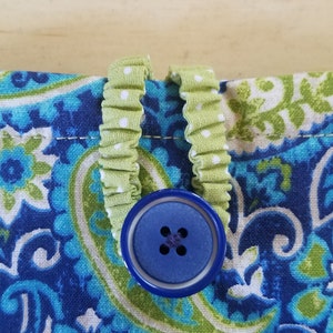 May include: Close-up of a blue button with four holes, sewn onto a green and white fabric with a paisley pattern.