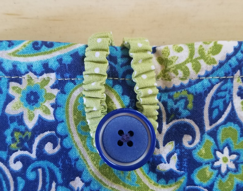 May include: Close-up of a blue button with four holes, sewn onto a green and white fabric with a paisley pattern.