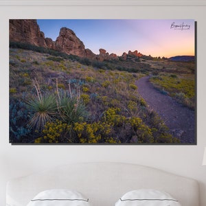 May include: A landscape photograph of a trail winding through a field of yellow wildflowers and green plants, leading towards a rocky mountain range under a blue and orange sunset sky. The artwork is displayed above a bed.