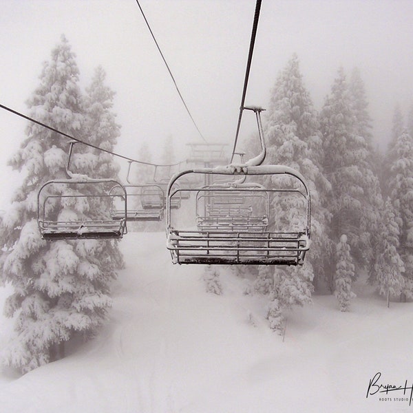 Skiing photograph, snowboard photo, Lake Tahoe, powder day photo, chairlift photo, mountain sports, wall art, home decor, canvas