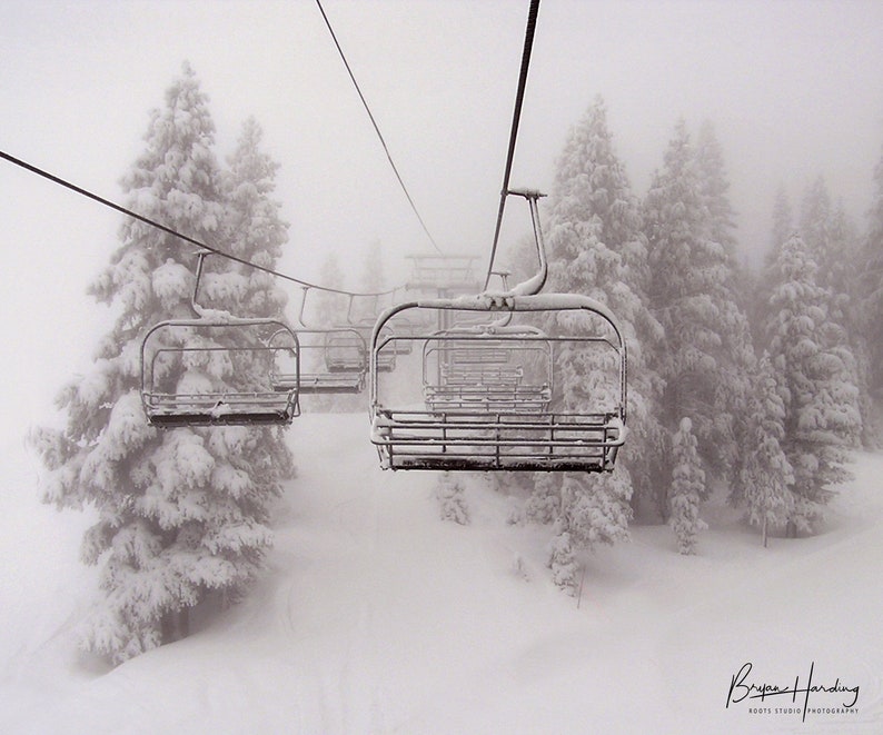 May include: A black and white photograph of a ski lift with empty chairs suspended by cables. The lift ascends through a snow-covered forest, with frosted evergreen trees and a foggy atmosphere. The image captures a serene winter scene.
