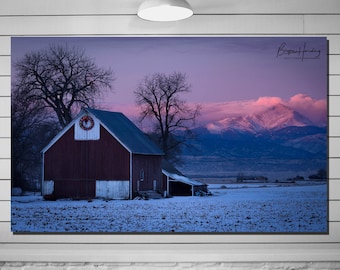 Colorado Red Barn Christmas Photo, Rocky Mountain Winter Wall Art