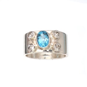 Swiss Blue Topaz Ring; White Topaz Ring; Gemstone Ring; 925 Sterling Silver; Comfortable; Wide Band Ring; Birthstone Ring; Handmade; Gift
