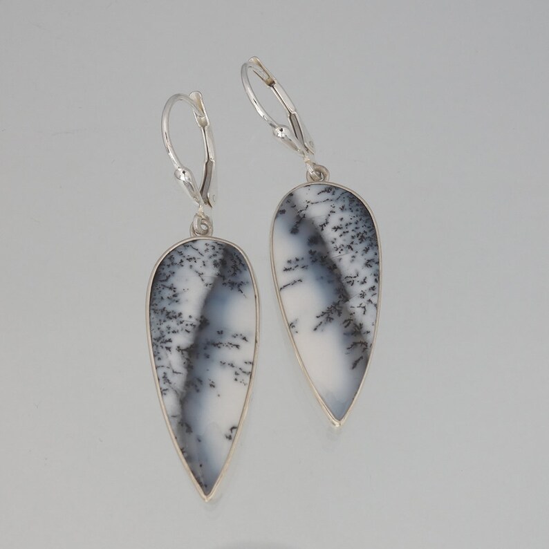 Dendrite Earrings 925 Sterling Silver Barack and White Stones; Dangling Earrings; Leverback; Unique Handmade Gift; Bali Jewelry; Gift