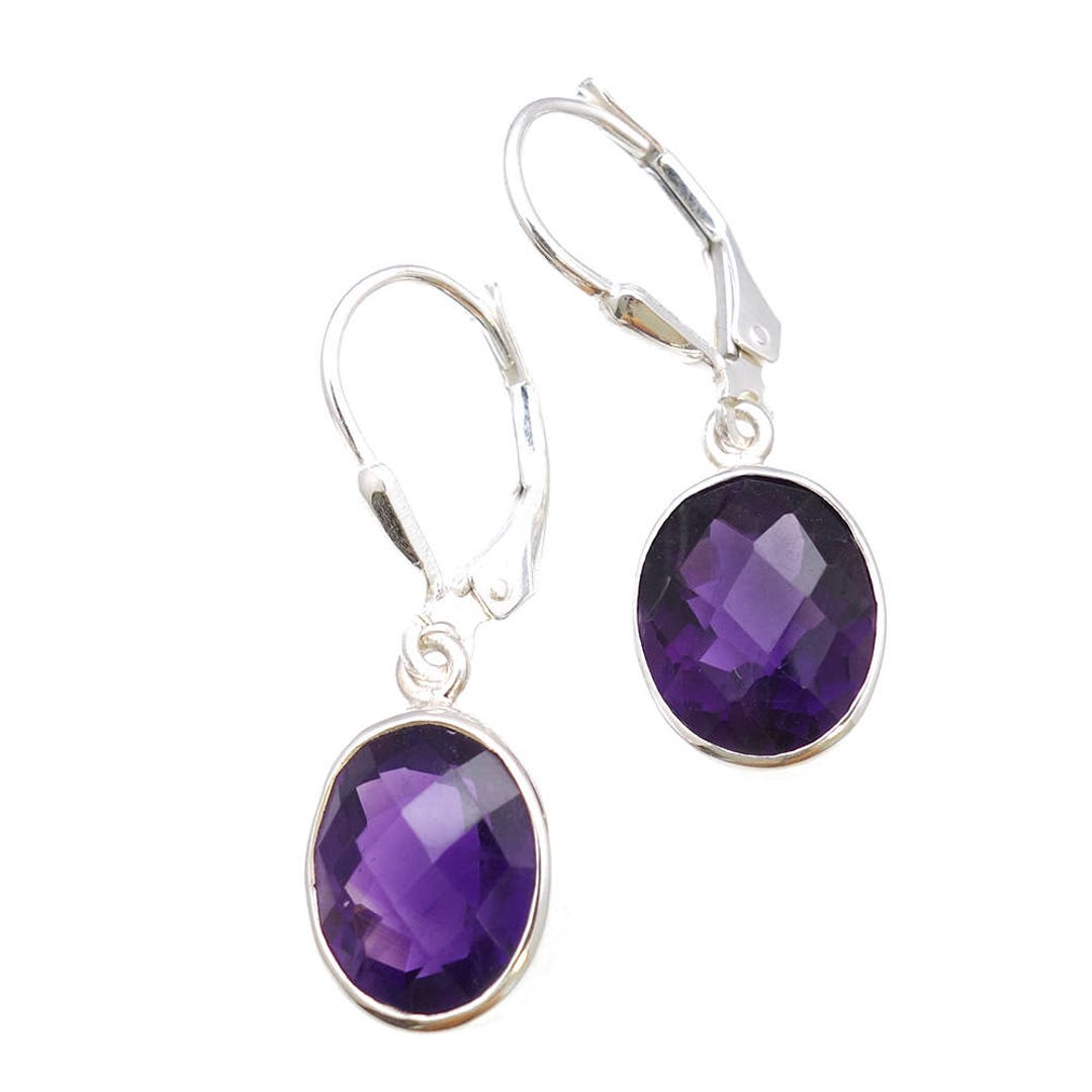 Boucles D'oreilles En Améthyste Goutte Facettée - Pierre Véritable, Acier Inoxydable, Origine Brésil