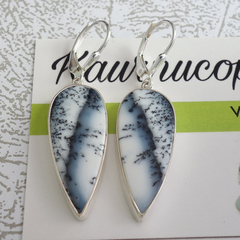 Dendrite Earrings 925 Sterling Silver Barack and White Stones; Dangling Earrings; Leverback; Unique Handmade Gift; Bali Jewelry; Gift