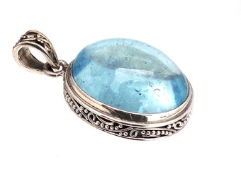 Beautiful Color Genuine Aquamarine Cabochon Pendant Necklace; 925 Sterling Silver; Handmade In Bali; Special Occasion Jewelry; Real Gemstone