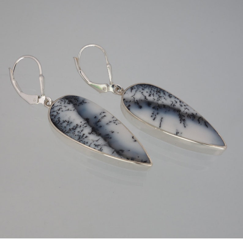 Dendrite Earrings 925 Sterling Silver Barack and White Stones; Dangling Earrings; Leverback; Unique Handmade Gift; Bali Jewelry; Gift