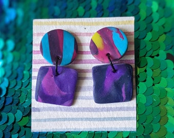 Dangly earrings, marbled multicolour  discs, polymer clay earrings, marbled, dangly earrings