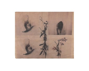 Vintage Floral Tapestry Art , Minimalist Contemporary Textile Artwork , Abstract Floral Mixed-Media Mono Print , Photography Collage