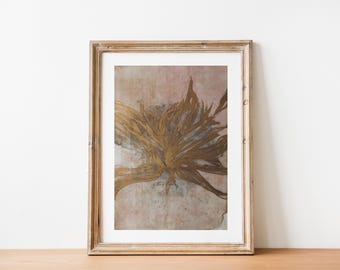 ダークな花の抽象画、ヴィンテージの植物画のオリジナル、ピンクと