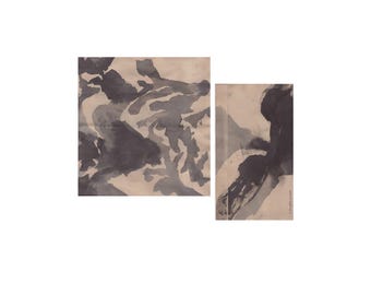 Abstract Figurative Sketches Set of 2, Black and Beige Art Collection, Abstract Nature Ink Drawing Set, Signed Studio Work, Original Art