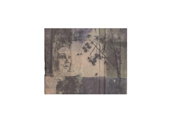 Misprint Art, Vintage Dark Moody Floral Portrait Textile Artwork, Abstract Botanical Mixed-Media Mono Print, Photography Collage