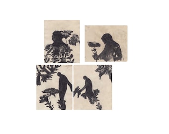Abstract Figurative Sketches Set of 4, Wall Art Black Aesthetic Floral , Abstract Nature Drawing , Original Art on Paper, Dark Rustic Art