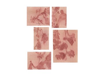 Abstract Figurative Sketches Set of 5, Red and Beige Art Collection, Abstract Nature Drawing Set, Original Art on Paper