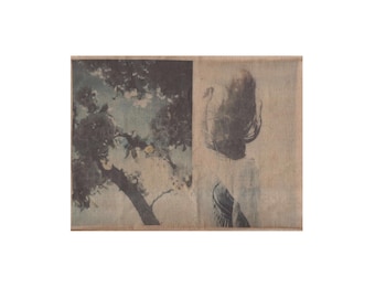 Abstract Nature Portrait , Blue and Beige Floral Mono Print, Minimalist Contemporary Textile Artwork, Photography Collage Mixed Media Art