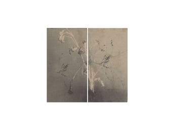 Vintage Floral Bouquet Monkey Print , Handprinted, Mixed Media-Photography, Diptych Art , Moody Botanical Wall Art