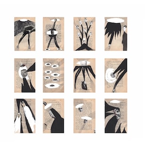 Collage artistico originale con tecniche miste, collezione di arte astratta surreale, piccoli dipinti, set di 12 disegni da parete