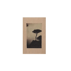 Dark Tree Landscape Textile Artwork, Handprinted, Mini Vintage Tapestry, Mixed Media-Photography, Minimalist Nature Art
