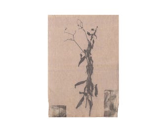 Minimalist Botanical Textile Artwork, Black & Beige Floral Mixed-Media Mono Print, Handprinted, Rustic Flower Wall Art