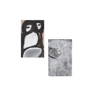 collage originale di tecniche miste, piccolo dittico astratto figurativo, piccoli dipinti paesaggistici in bianco e nero grigio, collage di carta surreale