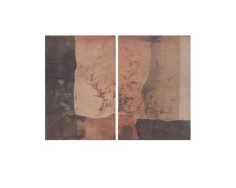 Original diptych Abstract Floral Monotype , Abstract Nature Set, Moody Vintage Red & Black Japandi Wall Art , Organic Wabi Sabi