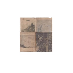 May include: A square textile wall hanging composed of four distinct panels featuring printed imagery. The top left panel shows a landscape with a hill and a dark object in the sky. The other panels display botanical and abstract dark brown patterns.