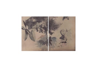 Original diptych Abstract Floral Monotype , Mini Abstract Nature Set, Moody Vintage Beige & Black Japandi Wall Art , Organic Wabi Sabi