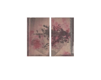 Original diptych Abstract Floral Monotype , Mini Abstract Nature Set, Moody Vintage Red & Black Japandi Wall Art , Organic Wabi Sabi