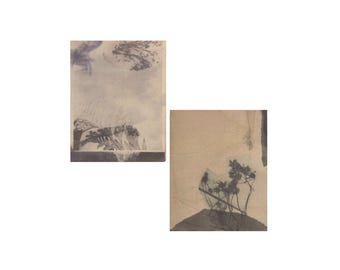 Original Abstract Floral Monotype Set , Hands Wall Art, Mini Abstract Nature Set, Moody Vintage Beige & Black Wall Art, Organic Wabi Sabi