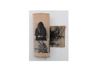 Moody Botanical Textile Artwork, Handprinted, Mixed Media-Photography, Black & Beige Vintage Floral Tapestry Art, Mono Print
