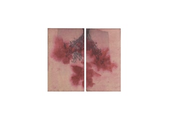 Original diptych Abstract Floral Monotype , Mini Abstract Nature Set, Moody Vintage Red & Beige Japandi Wall Art , Organic Wabi Sabi