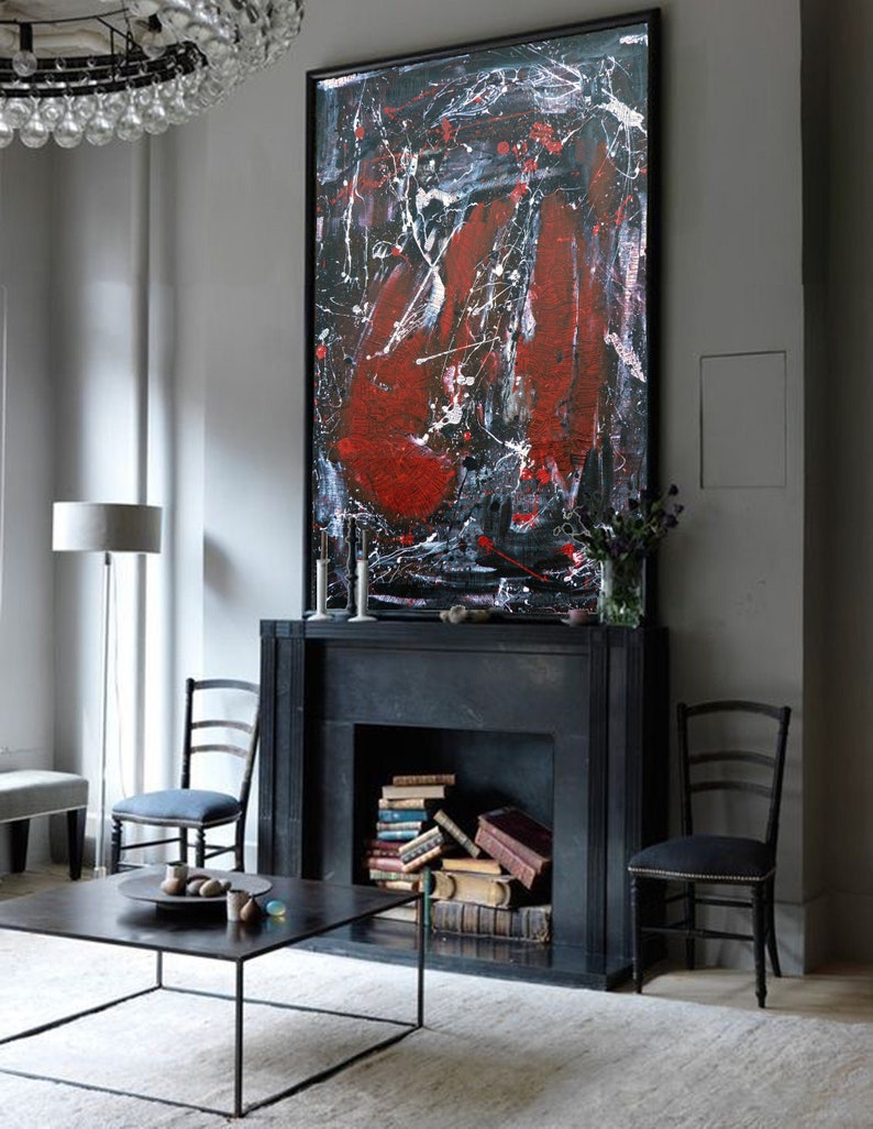Painting On Canvas Huge Wall Art Black And White Red Black Etsy