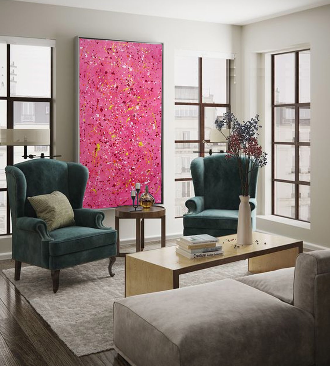 Original Painting on Canvas, Large Vertical Painting Pink, Oversized