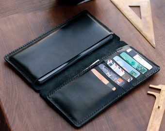 Personalized iPhone Wallet Case, Full Grain Black Leather, Gift For Him