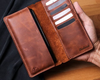 Personalisierte iPhone Portemonnaie aus Leder, handgefertigte Hülle aus Vollnarbenleder