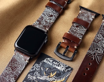 Handmade Dragon Apple Watch Band – Leather Tattoo Art Strap