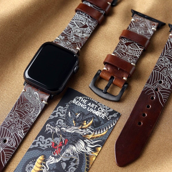 Dragon - Bracelet en cuir Apple Watch | Bracelet de montre de dessin de tatouage de dragon | Fait à la main | Bracelet de montre peint à la main sur mesure | Cadeau unique
