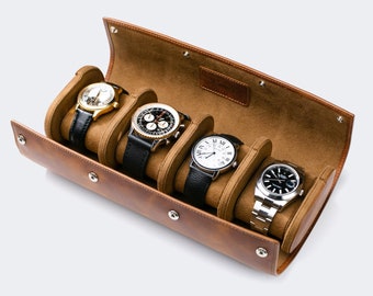 Tobacco Leather Travel Watch Case for 4 / Quadruple Watch Roll / Travel Watch Box / Luxury Leather Case for Four Watch /Groom Gift/Four Slot