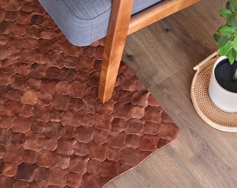 Handwoven Leather Rug, Patchwork Knit, Boho Style Leather Carpet