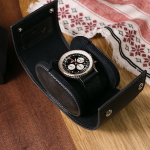 Custodia da viaggio per orologio in pelle carbone / Rotolo per orologio singolo / Scatola da viaggio per orologio / Custodia in pelle di lusso per orologio singolo / Regalo per lo sposo