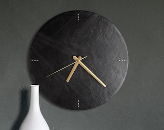 Leather Modern Wall Clock / Unique Minimalist Leather Wall Clock / Black Large Wall Clock / Silent Mechanism / Home Decor Gift / Wall Decor