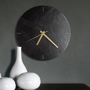 Leather Modern Wall Clock / Unique Minimalist Leather Wall Clock / Black Large Wall Clock / Silent Mechanism / Home Decor Gift / Wall Decor