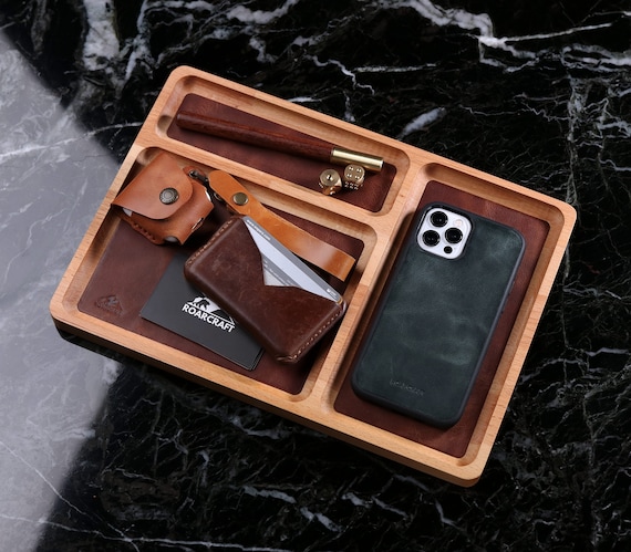 Personalized Leather & Beech Wood EDC Tray, Handmade Organizer - Etsy