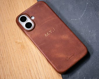 Personalisierte Vollnarbenleder iPhone 16 Hülle, Handyhülle mit individueller Gravur