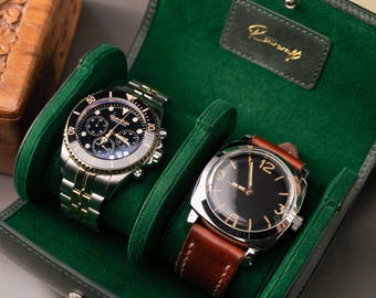 Smaragdgrüne Doppeluhr Leder Reiseetui, vollnarbiges Kalbsleder