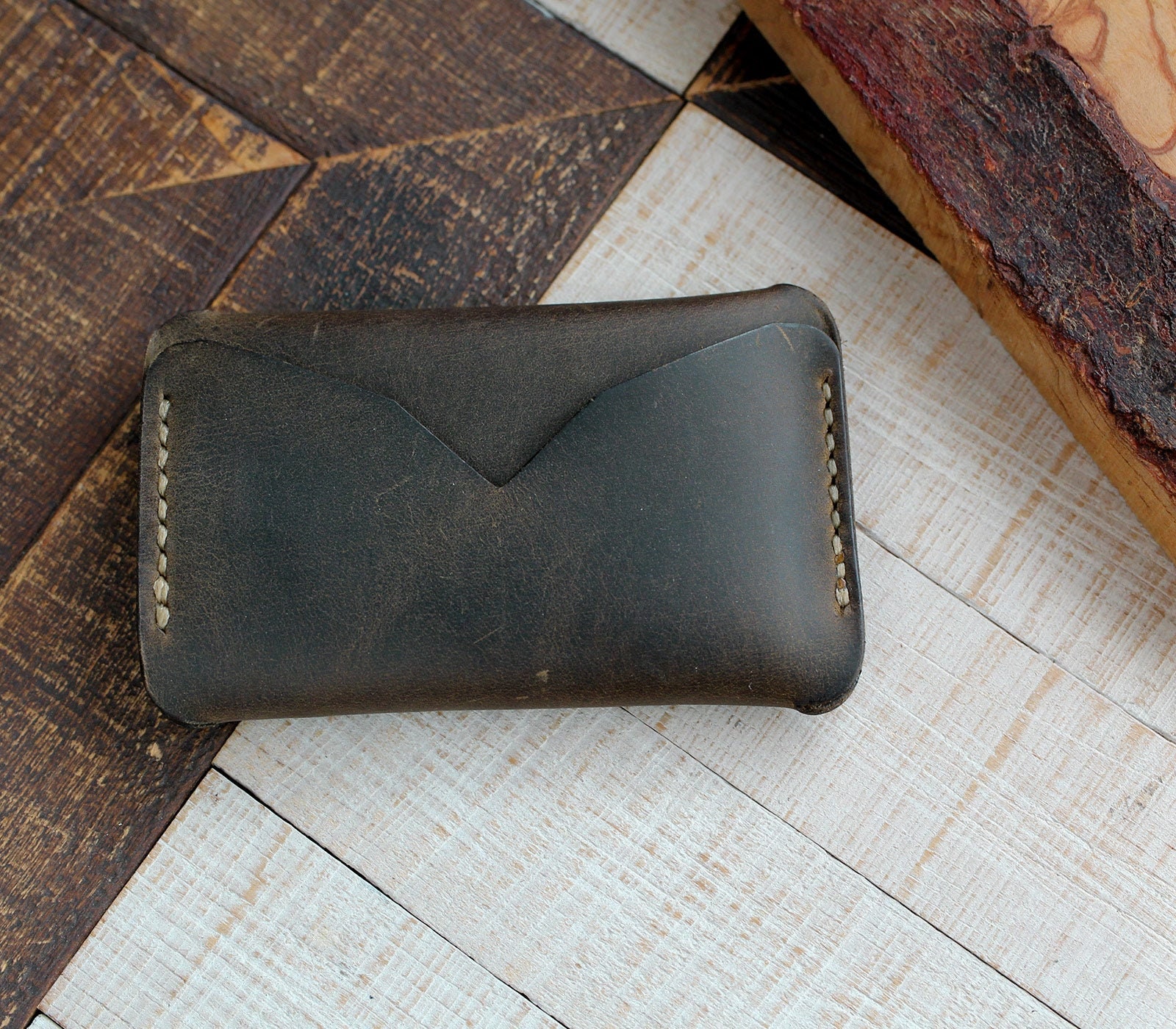 Handmade Dark Green Card Holder // Personalized Leather Slim 
