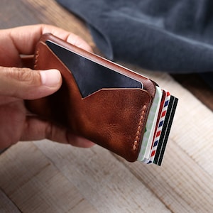 Titular de tarjeta de cuero mínimo personalizado / Tarjeta de cuero hecha a mano y caja de efectivo / Cartera de tarjeta de bolsillo frontal / Regalo del Día del Padre