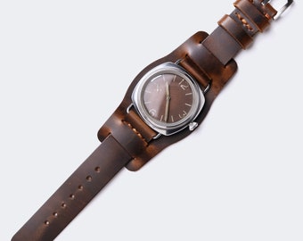Leather Bund Watch Strap / Military Watch Strap / 20mm, 22 mm, 24mm / Brown Leather Bund Strap / Handmade Leather Pilot Watch Strap